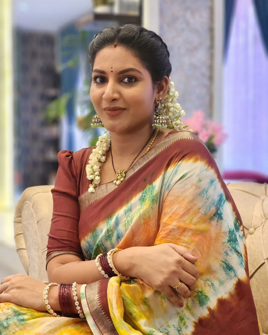 South Indian TV Actress Pallavi Ramisetty in Traditional Yellow Saree